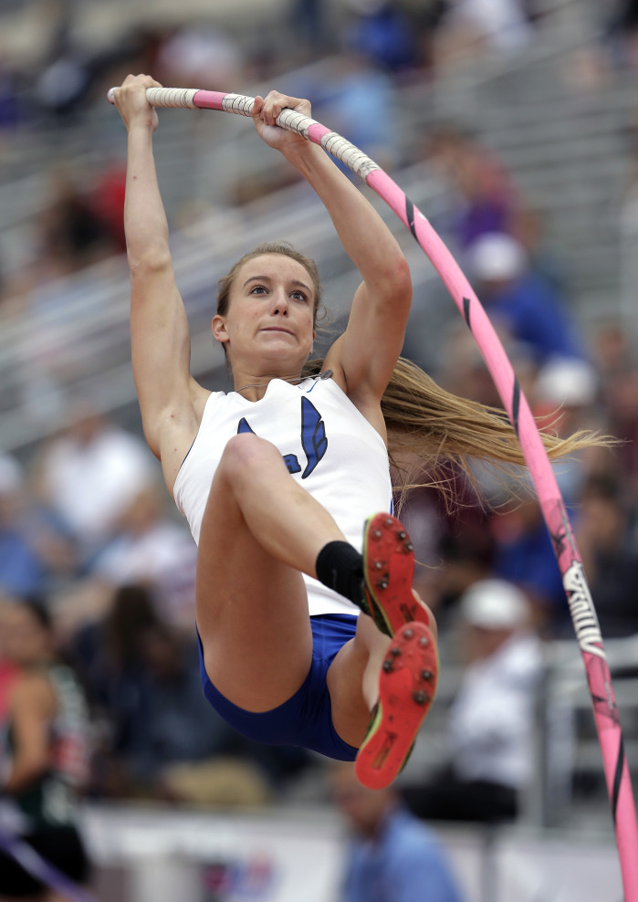 Photo credit: Associated Press. Charlotte Brown competes in the Conference 4A girls pole vault competition at the UIL Texas State Track and Field Championships.